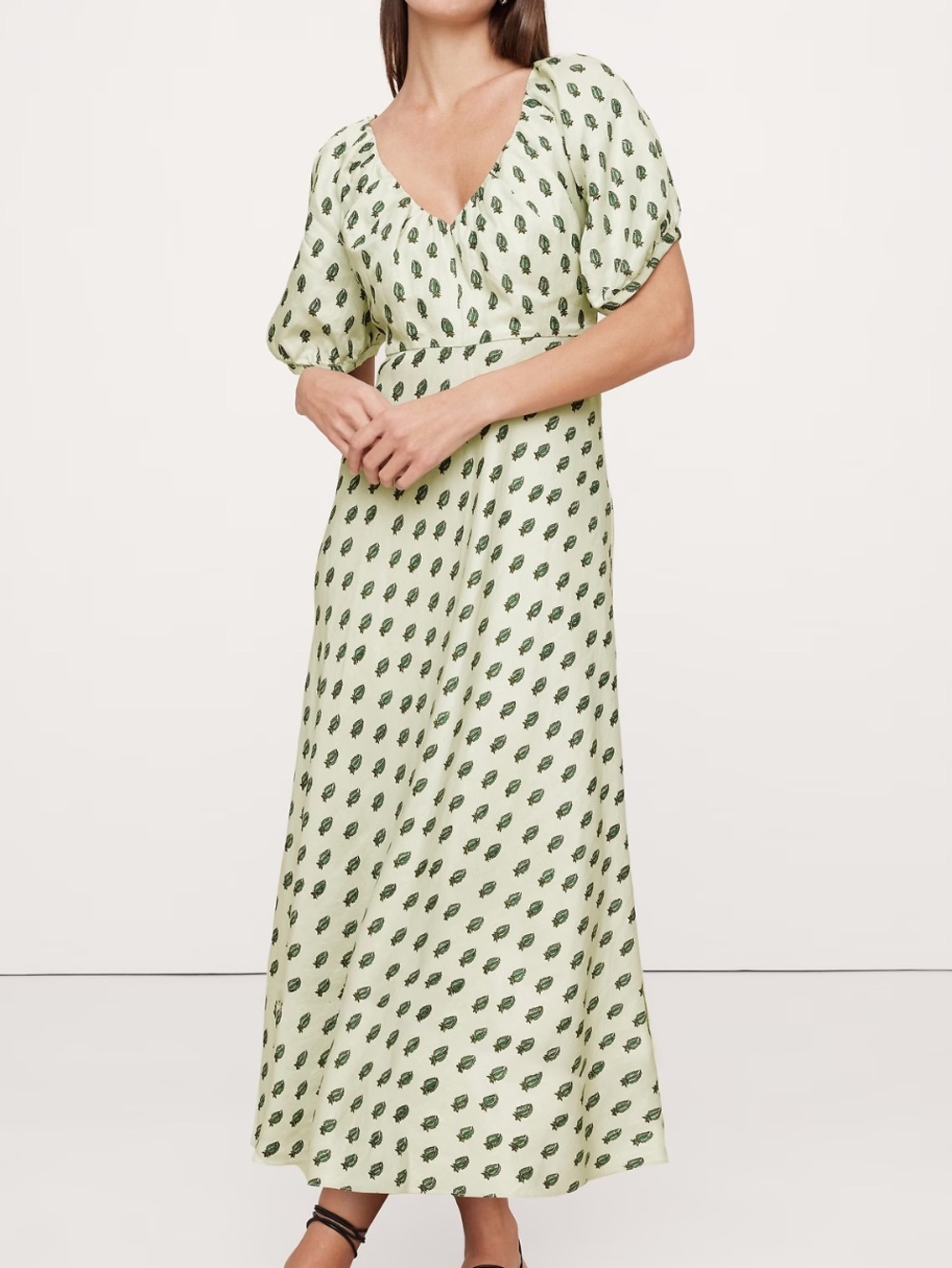 NWOT Banana Republic Linen Light Green Printed V-Neck Midi Dress